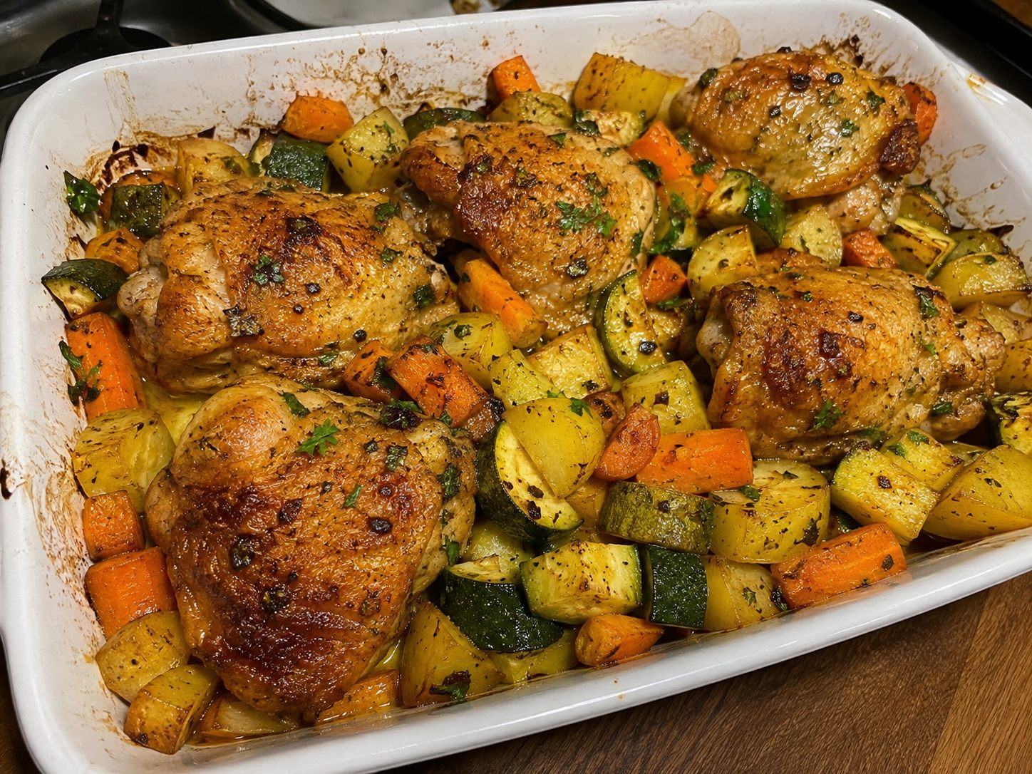 Travessa de frango dourado com batatas, cenouras e abobrinha