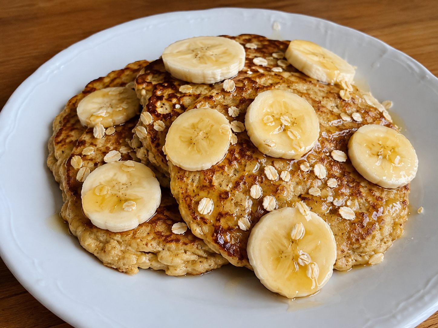 Panquecas de banana com aveia, rodelas de banana e mel por cima